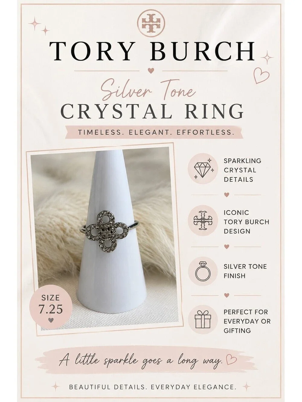 Tory Burch Silver Tone Crystal Ring Size 7.25